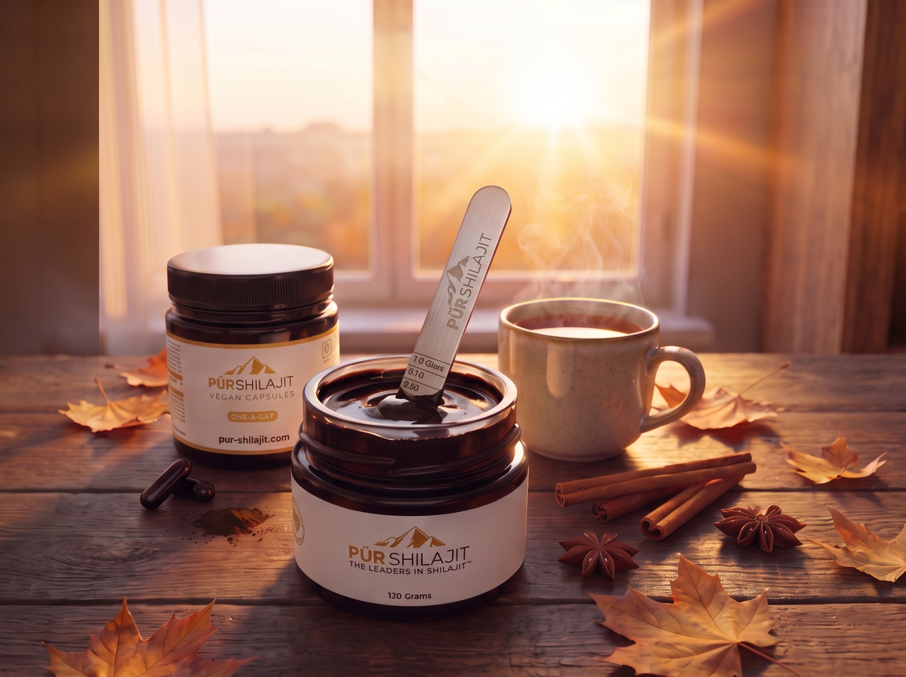 Pür Shilajit 120g resin jar with the engraved measuring spoon, Daily Drive capsules and a warm cup on an autumn table