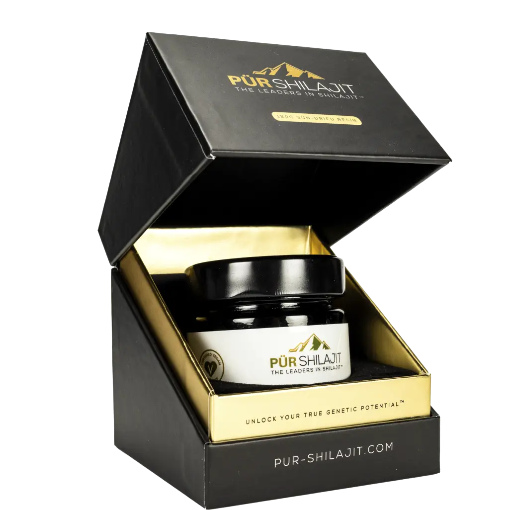 Pür Shilajit Resin 120g jar — back label with batch number and serving details