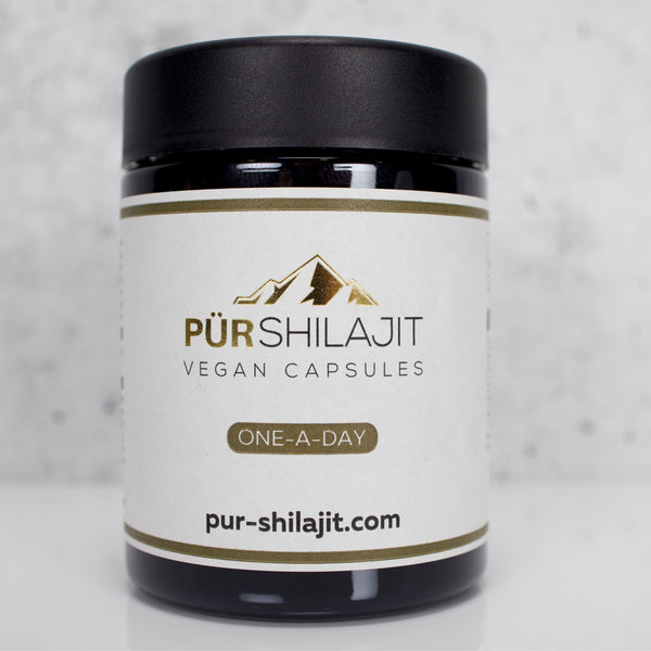 Jar of Pur Shilajit Vegan Capsules on a light gray background