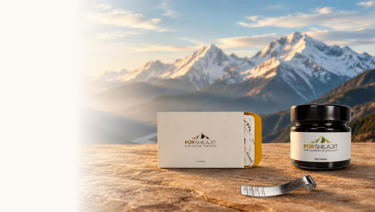 P&uuml;r Shilajit 120 g resin jar with the steel spoon beside the 12 g tablets box and blister sheet