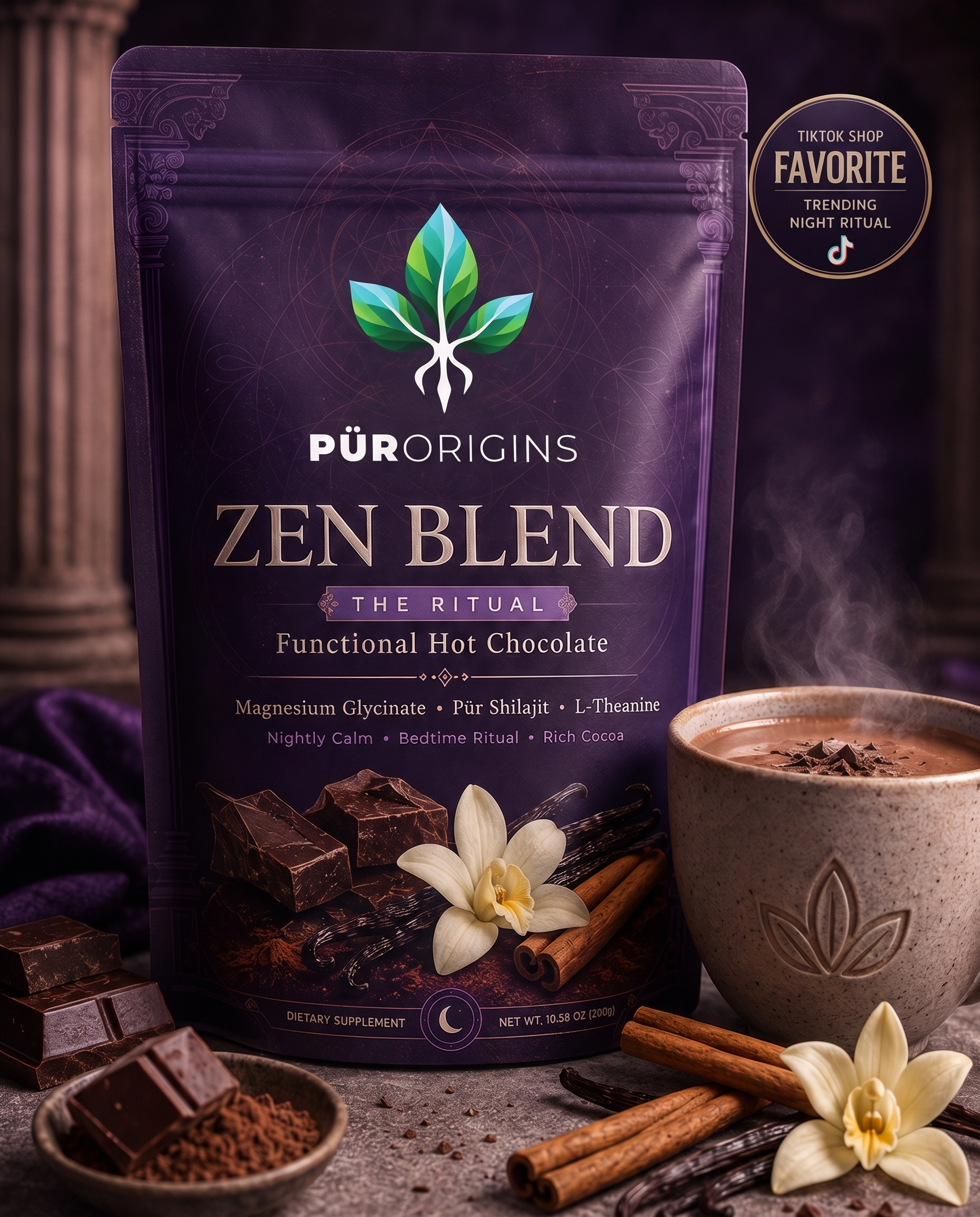 PÜR ORIGINS Zen Blend functional hot chocolate pouch — magnesium glycinate, shilajit, L-theanine