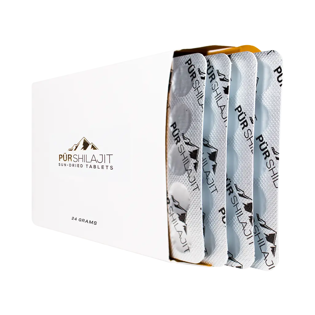 Pür Shilajit Tablets 24g box — back label with batch number and serving details